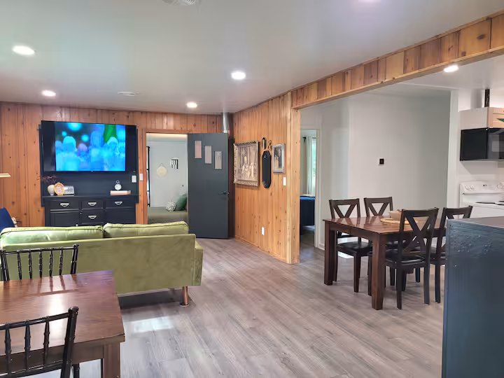 abbie cabin - dining room, living room, and navy bedroom
