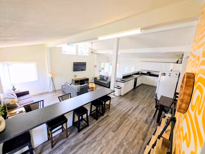 kitchen and living room -n yellow house
